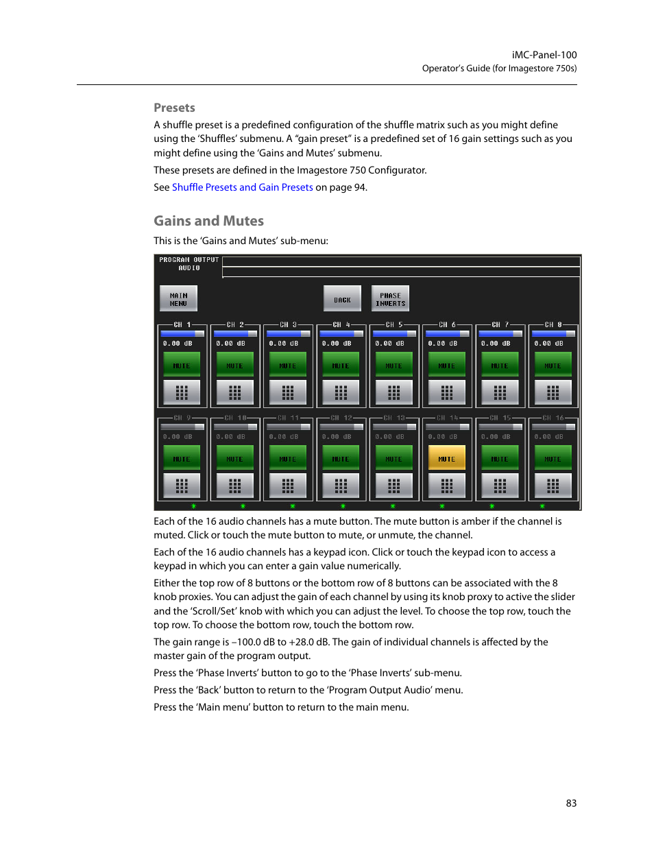 Presets, Gains and mutes | Grass Valley iMC-Panel-100 v.7.2.9.0 User Manual | Page 95 / 190