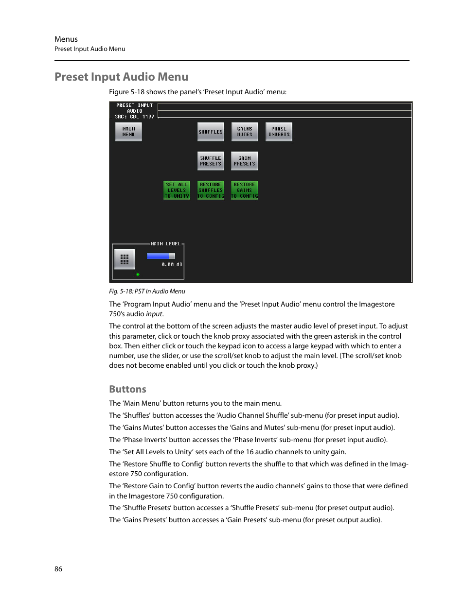 Preset input audio menu, Buttons | Grass Valley iMC-Panel-100 v.7.2.9.0 User Manual | Page 98 / 190