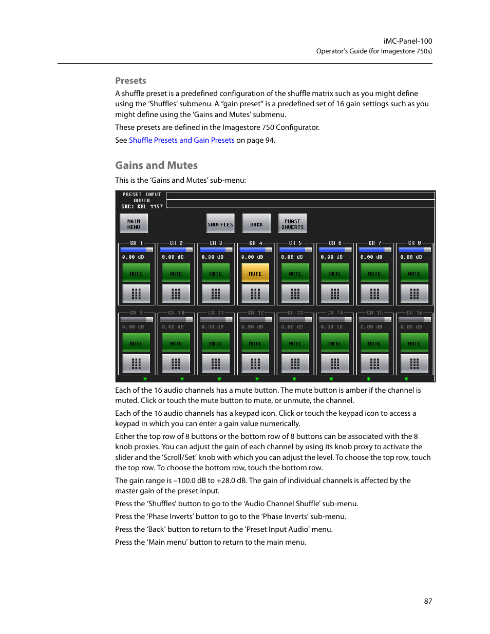 Presets, Gains and mutes | Grass Valley iMC-Panel-100 v.7.2.9.0 User Manual | Page 99 / 190