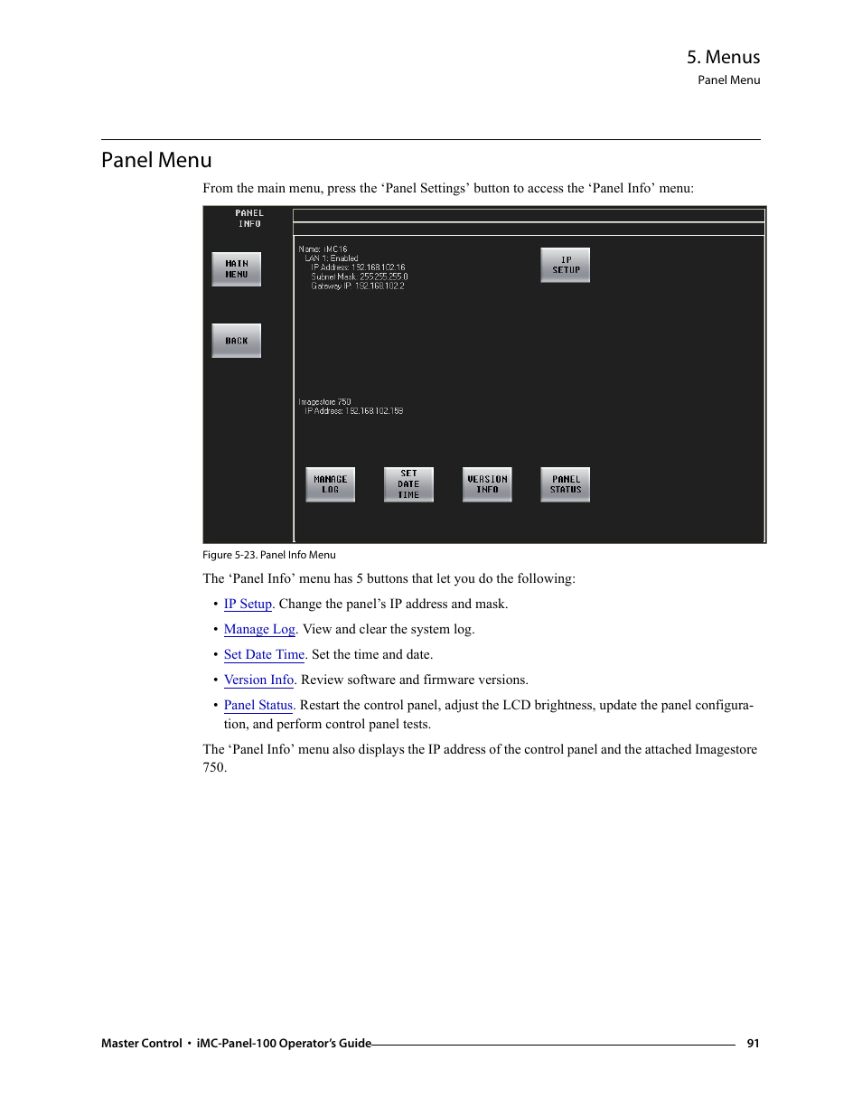 Panel menu, Menus | Grass Valley iMC-Panel-100 v.7.0.9.0 User Manual | Page 103 / 174