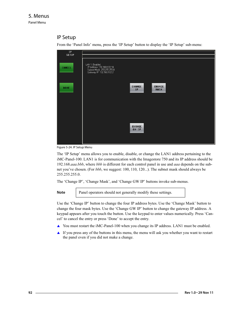 Ip setup, Menus | Grass Valley iMC-Panel-100 v.7.0.9.0 User Manual | Page 104 / 174