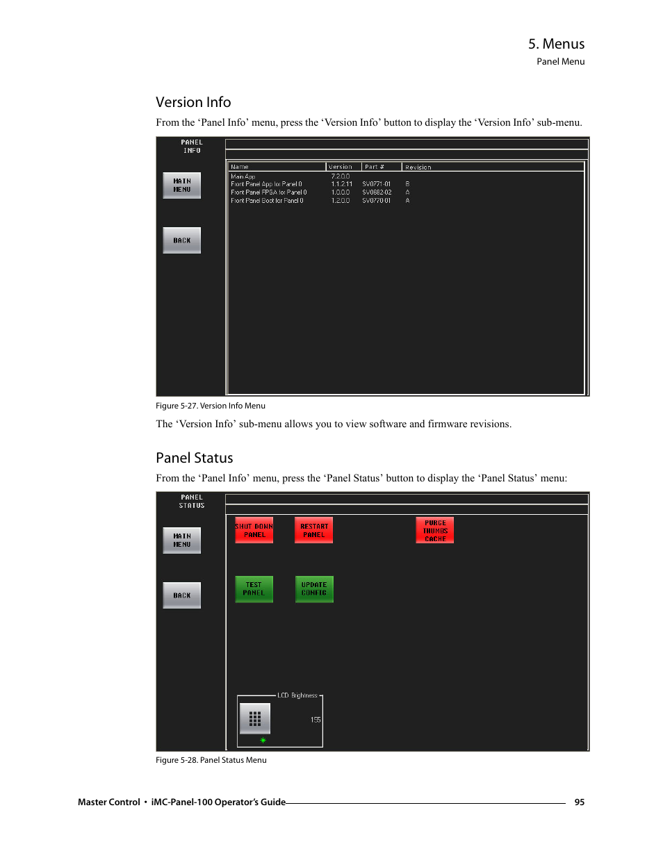 Version info, Panel status, Version info panel status | Menus | Grass Valley iMC-Panel-100 v.7.0.9.0 User Manual | Page 107 / 174