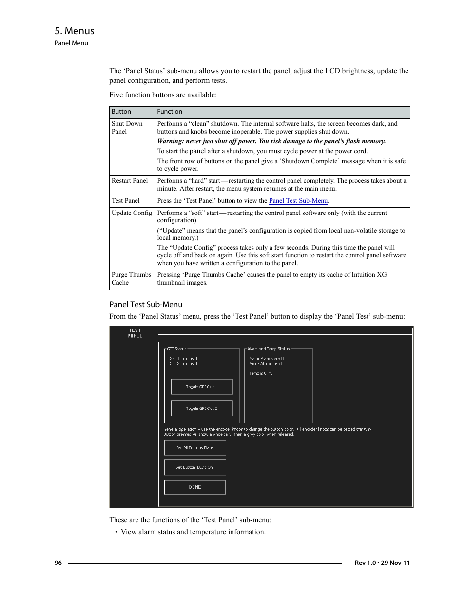 Panel test sub-menu, Menus | Grass Valley iMC-Panel-100 v.7.0.9.0 User Manual | Page 108 / 174