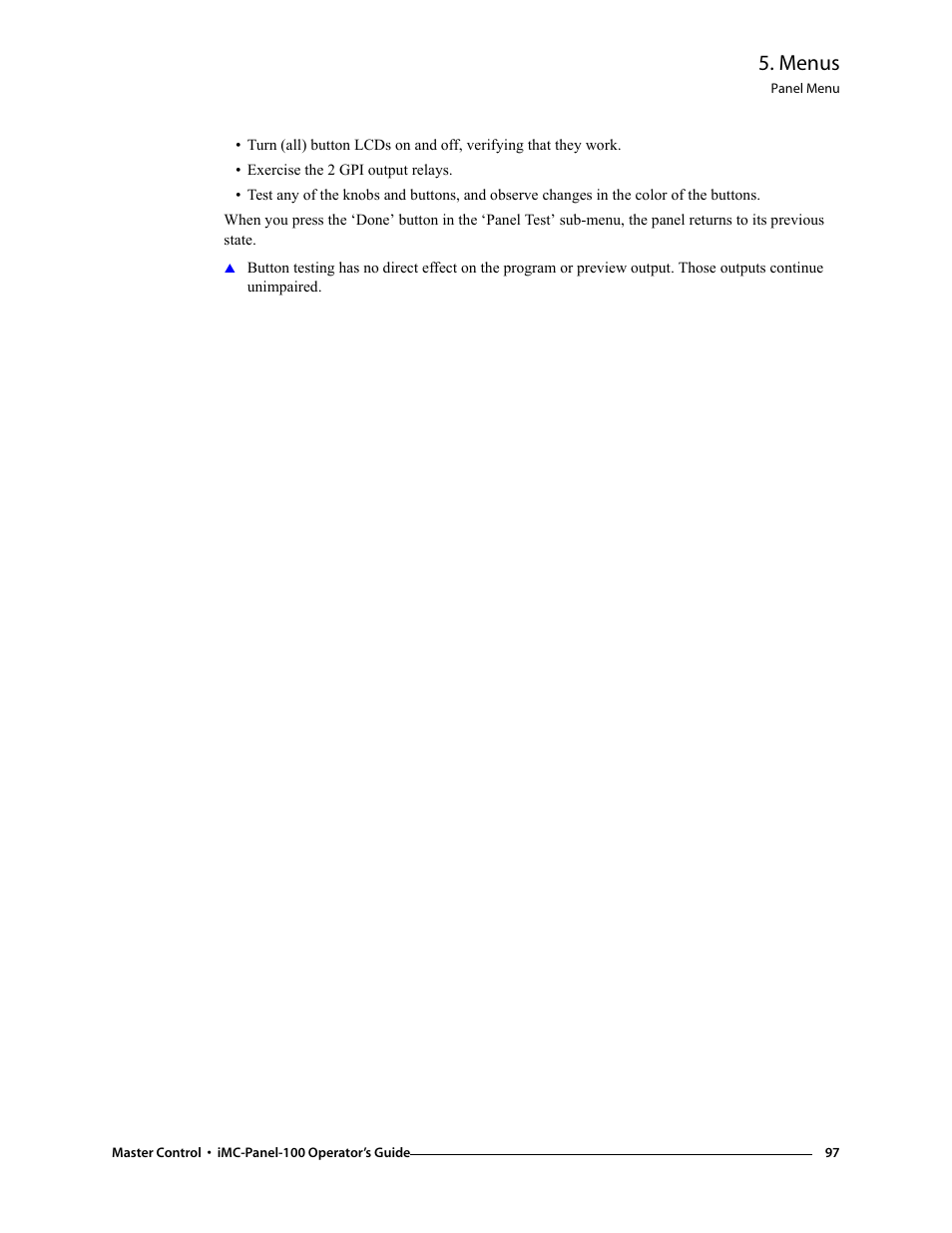 Menus | Grass Valley iMC-Panel-100 v.7.0.9.0 User Manual | Page 109 / 174