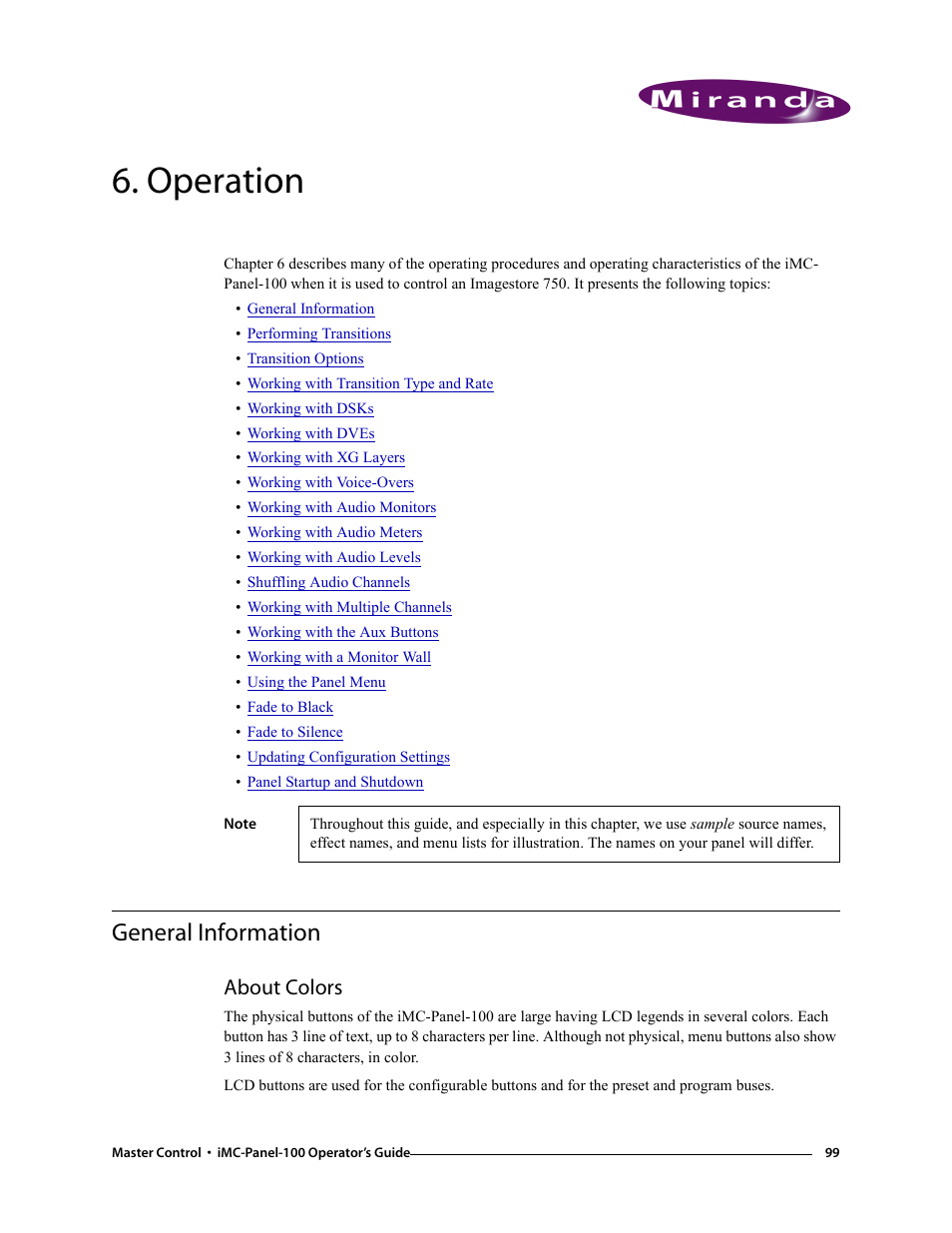 Operation, General information, About colors | Chapter 6, Provi | Grass Valley iMC-Panel-100 v.7.0.9.0 User Manual | Page 111 / 174