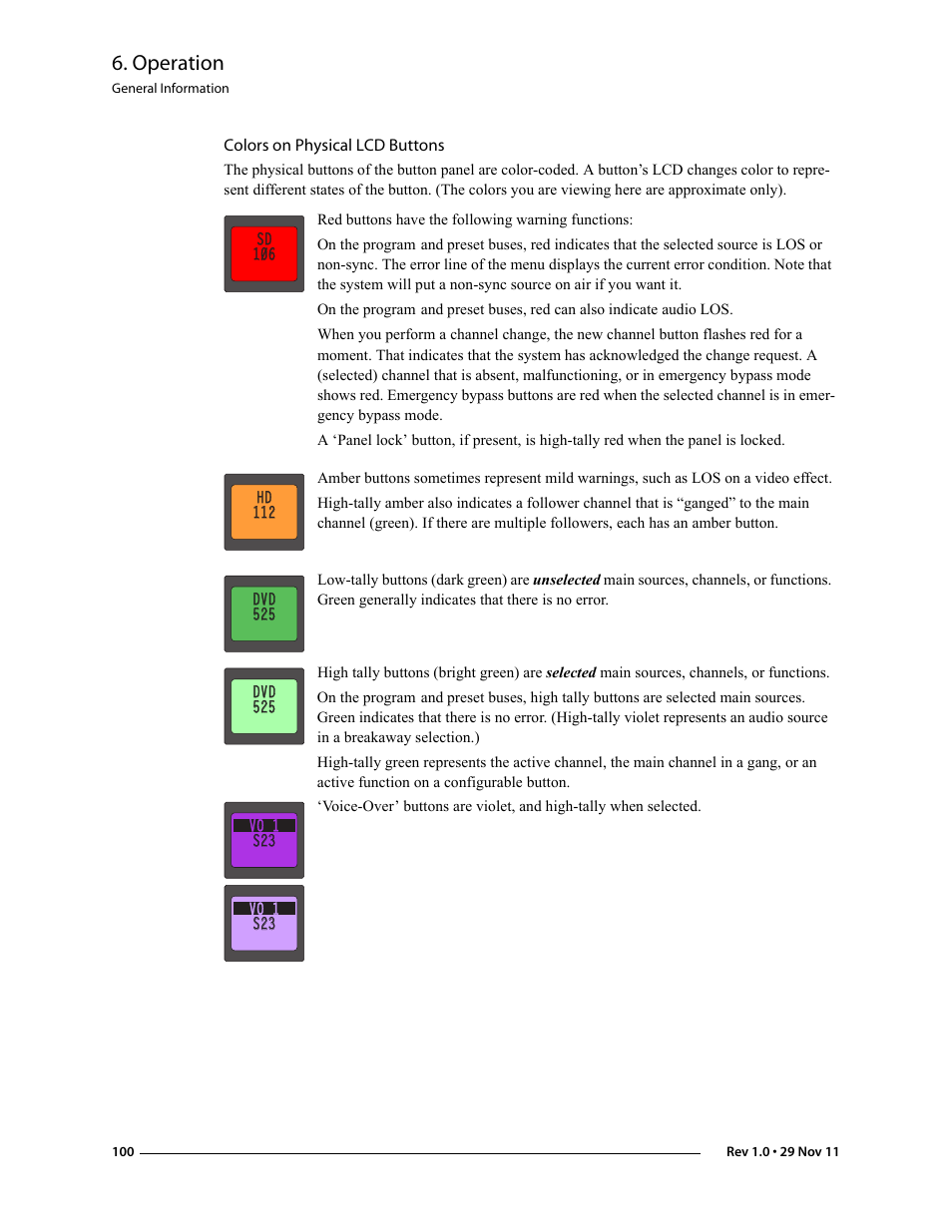 Colors on physical lcd buttons, Operation | Grass Valley iMC-Panel-100 v.7.0.9.0 User Manual | Page 112 / 174