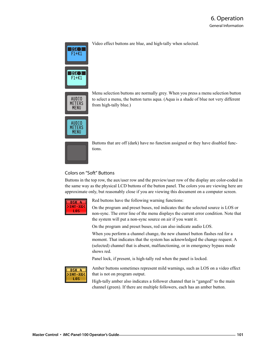 Colors on “soft” buttons, Operation | Grass Valley iMC-Panel-100 v.7.0.9.0 User Manual | Page 113 / 174