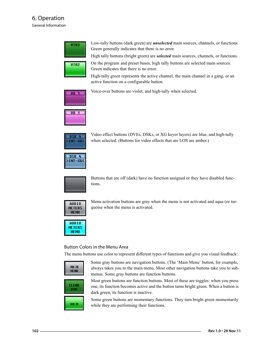 Button colors in the menu area, Operation | Grass Valley iMC-Panel-100 v.7.0.9.0 User Manual | Page 114 / 174