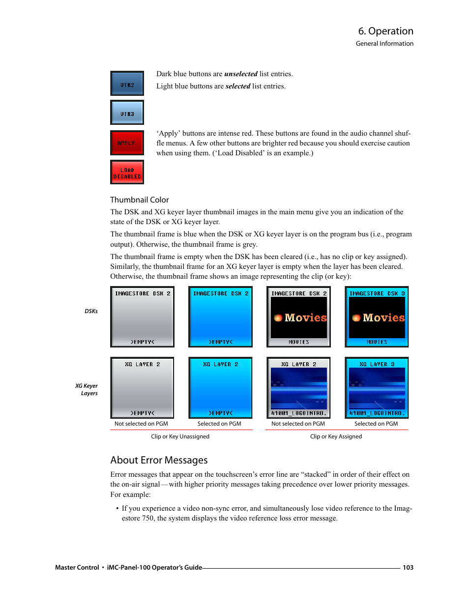 Thumbnail color, About error messages, Operation | Grass Valley iMC-Panel-100 v.7.0.9.0 User Manual | Page 115 / 174