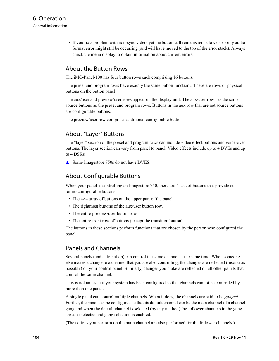 About the button rows, About “layer” buttons, About configurable buttons | Panels and channels, Operation | Grass Valley iMC-Panel-100 v.7.0.9.0 User Manual | Page 116 / 174