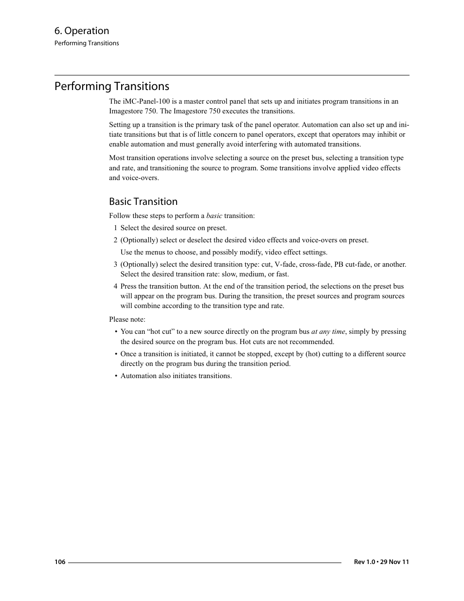 Performing transitions, Basic transition, Operation | Grass Valley iMC-Panel-100 v.7.0.9.0 User Manual | Page 118 / 174