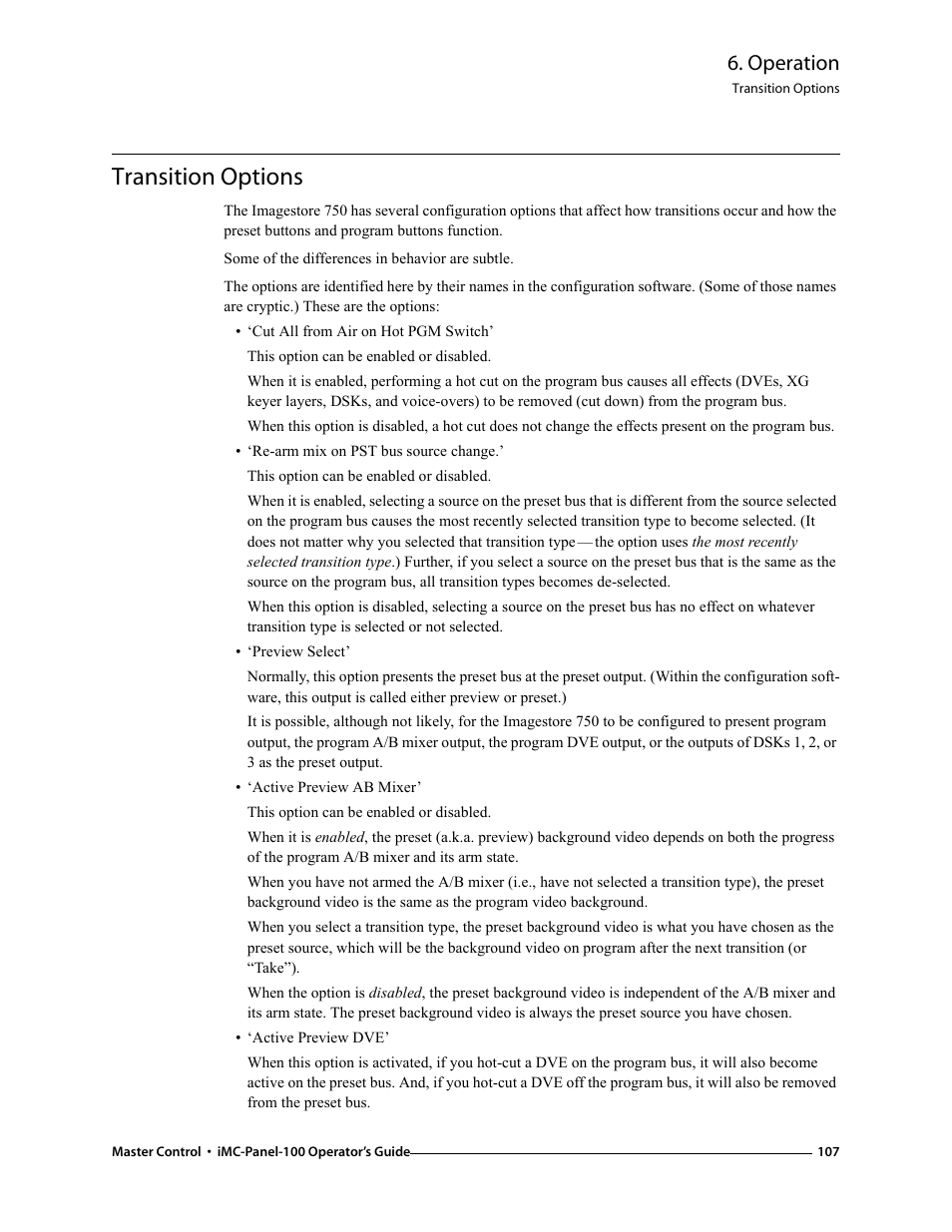 Transition options, Operation | Grass Valley iMC-Panel-100 v.7.0.9.0 User Manual | Page 119 / 174