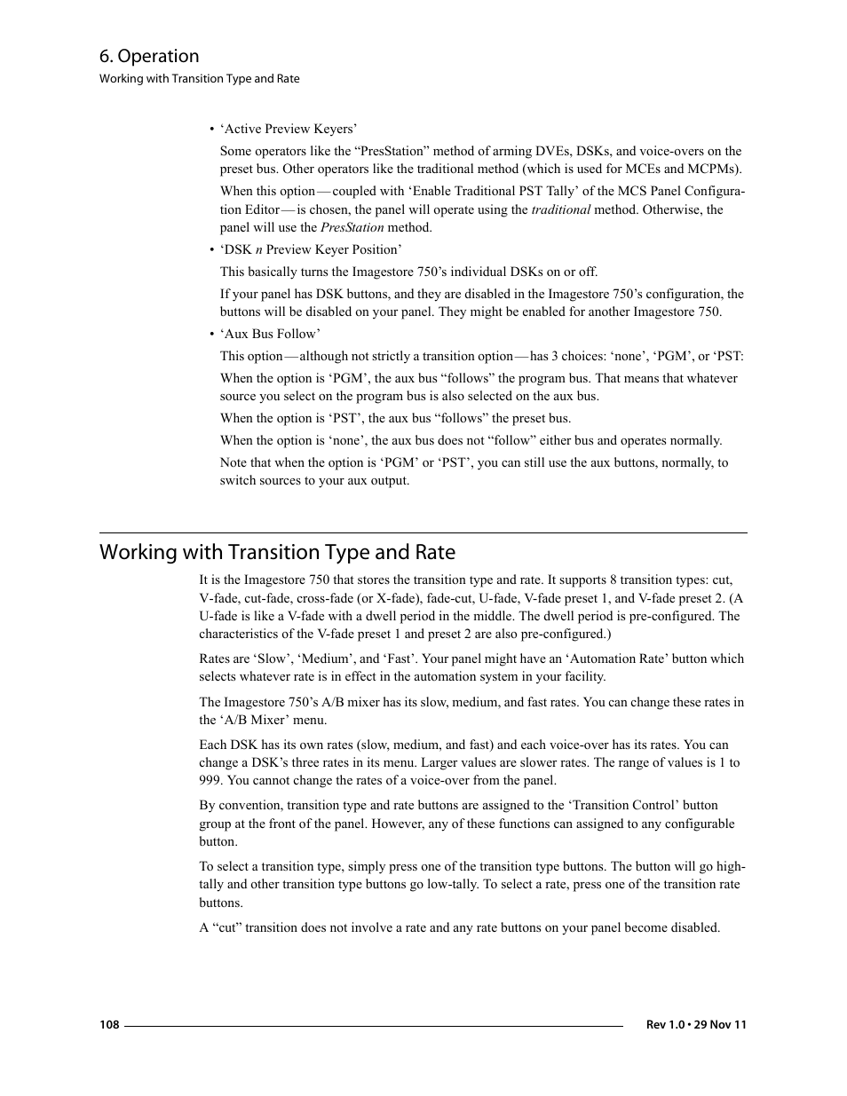 Working with transition type and rate, Operation | Grass Valley iMC-Panel-100 v.7.0.9.0 User Manual | Page 120 / 174