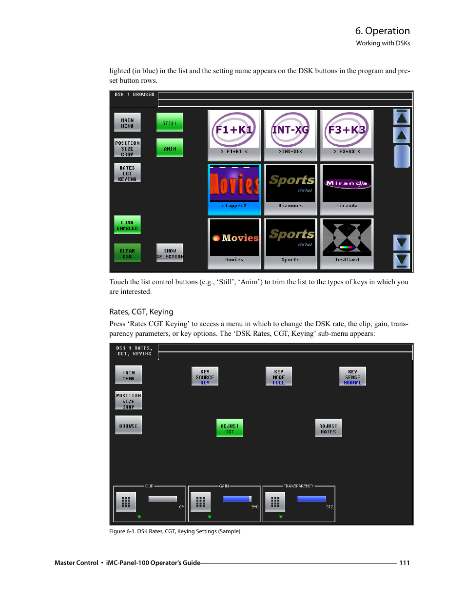 Rates, cgt, keying, Operation | Grass Valley iMC-Panel-100 v.7.0.9.0 User Manual | Page 123 / 174