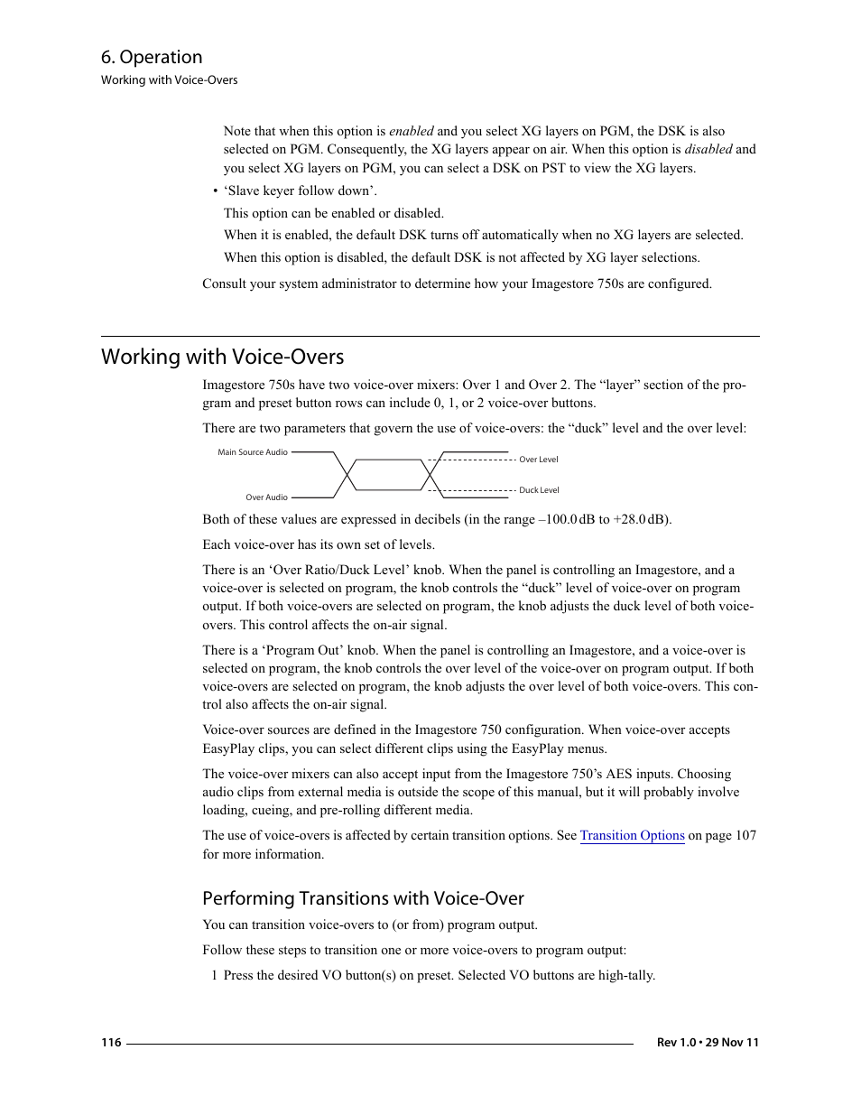 Working with voice-overs, Performing transitions with voice-over, Operation | Grass Valley iMC-Panel-100 v.7.0.9.0 User Manual | Page 128 / 174