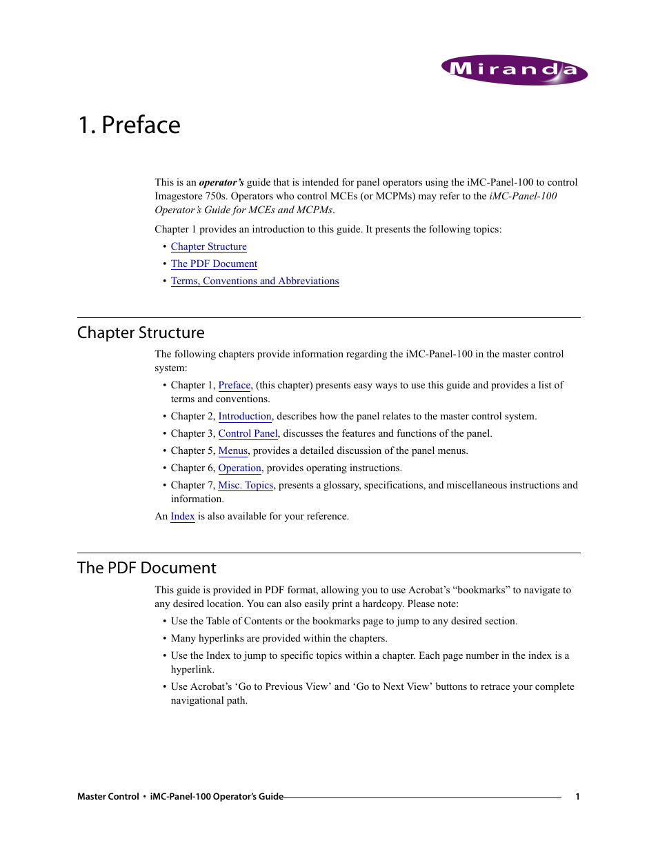 Preface, Chapter structure, The pdf document | Chapter 1, Chapter structure the pdf document | Grass Valley iMC-Panel-100 v.7.0.9.0 User Manual | Page 13 / 174