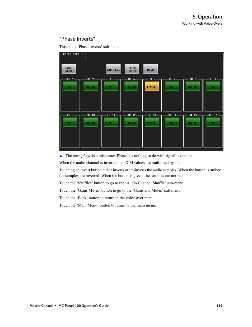 Phase inverts, Operation | Grass Valley iMC-Panel-100 v.7.0.9.0 User Manual | Page 131 / 174