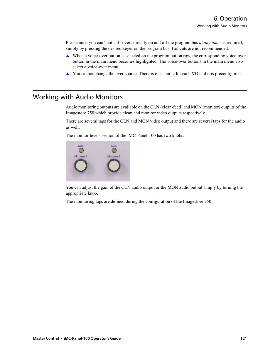 Working with audio monitors, Operation | Grass Valley iMC-Panel-100 v.7.0.9.0 User Manual | Page 133 / 174