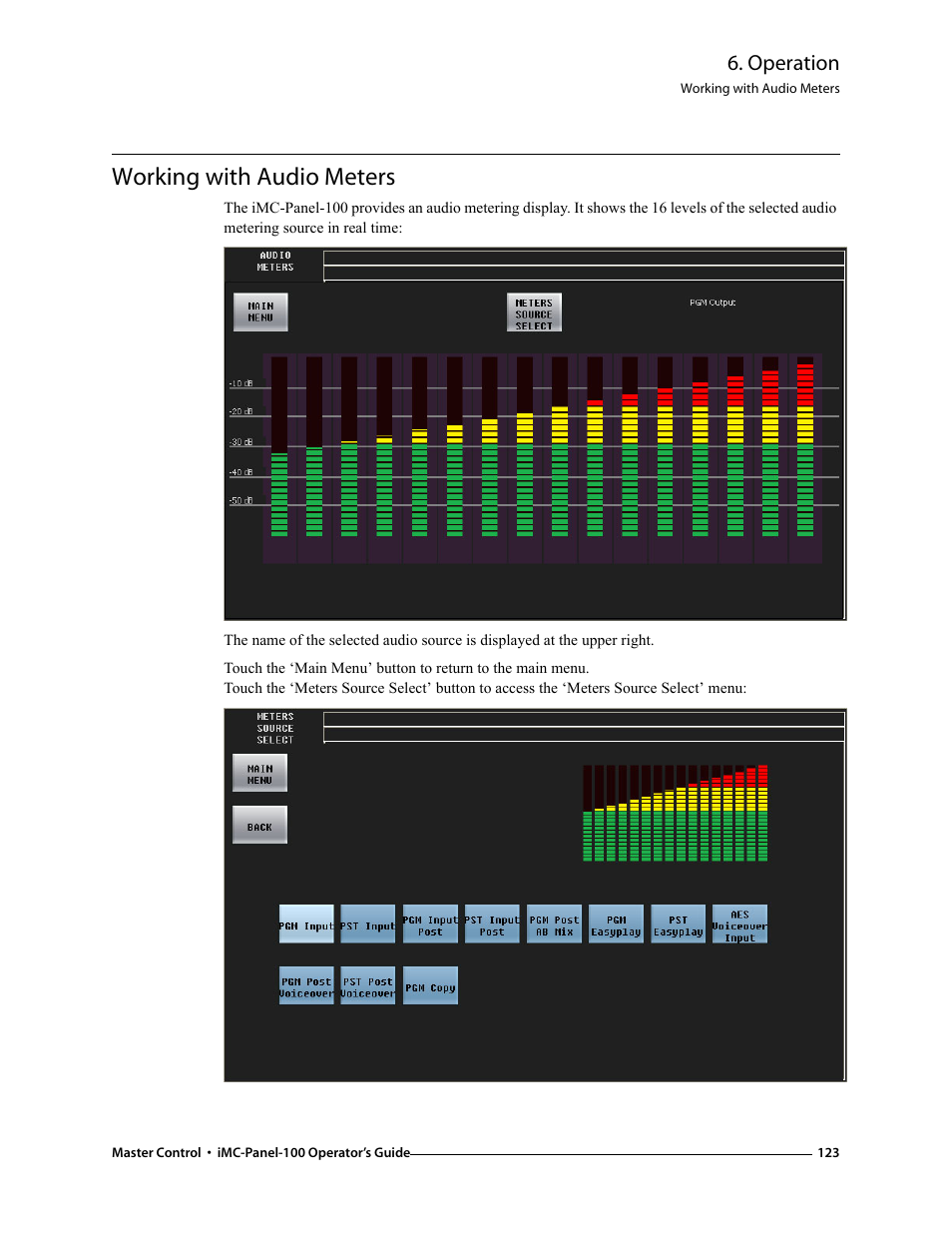 Working with audio meters, Operation | Grass Valley iMC-Panel-100 v.7.0.9.0 User Manual | Page 135 / 174