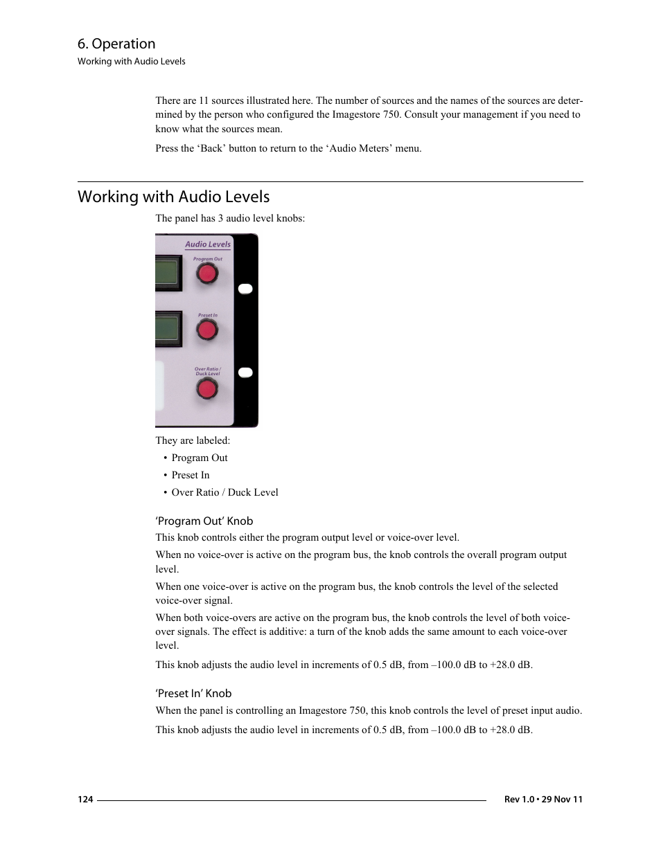 Working with audio levels, Program out’ knob, Preset in’ knob | Program out’ knob ‘preset in’ knob, Operation | Grass Valley iMC-Panel-100 v.7.0.9.0 User Manual | Page 136 / 174