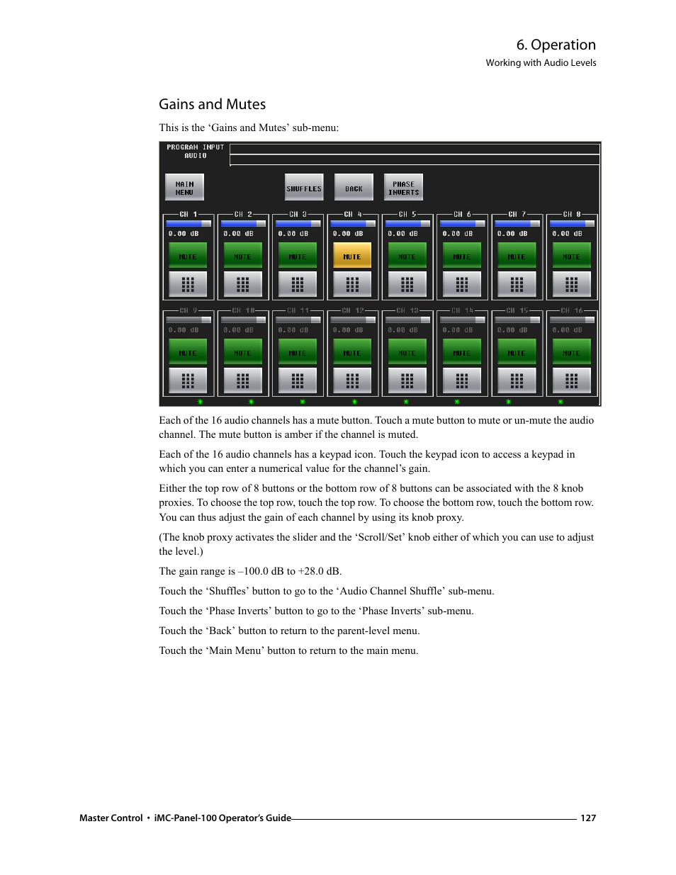 Gains and mutes, Operation | Grass Valley iMC-Panel-100 v.7.0.9.0 User Manual | Page 139 / 174