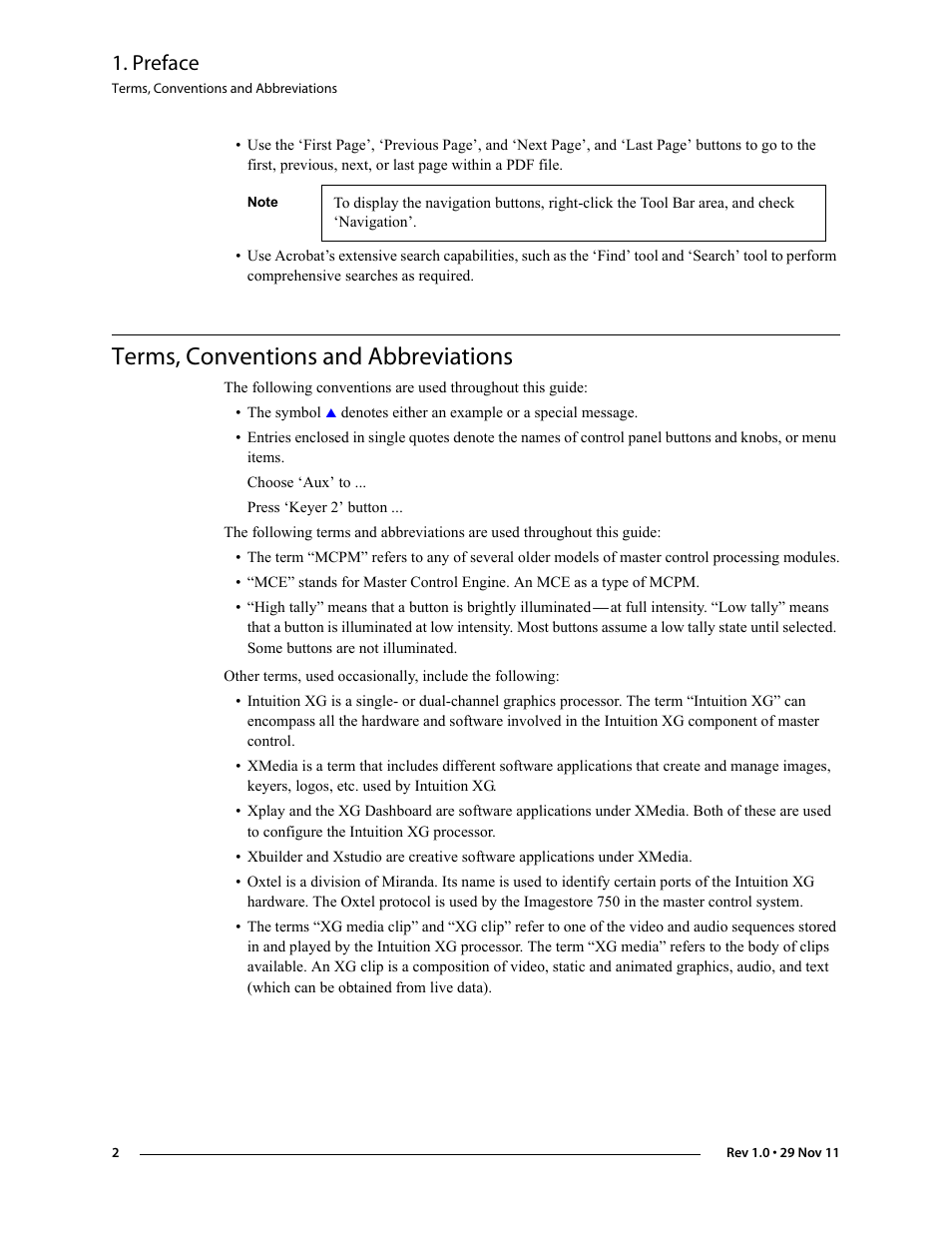 Terms, conventions and abbreviations, Preface | Grass Valley iMC-Panel-100 v.7.0.9.0 User Manual | Page 14 / 174