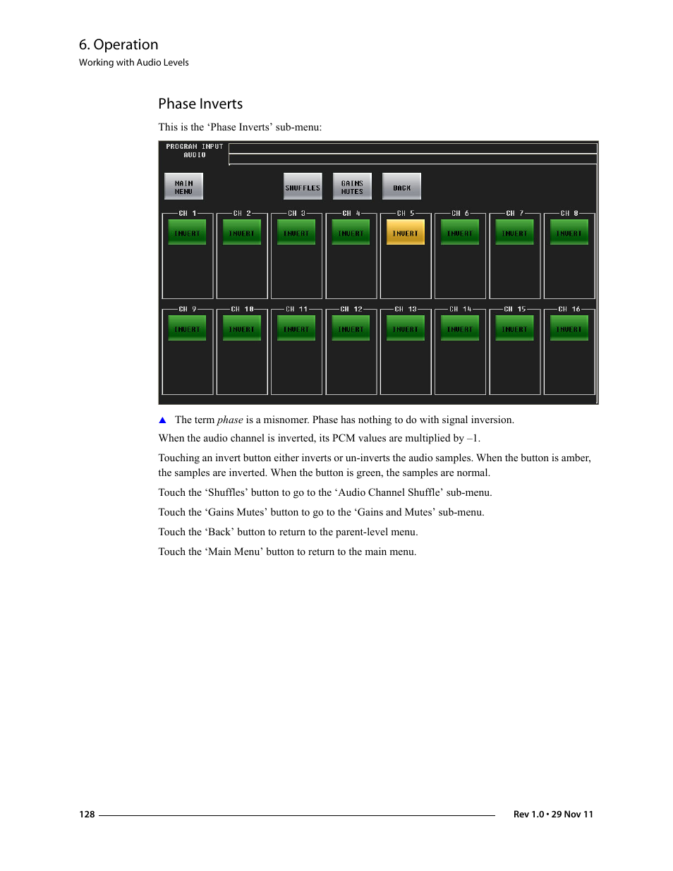 Phase inverts, Operation | Grass Valley iMC-Panel-100 v.7.0.9.0 User Manual | Page 140 / 174