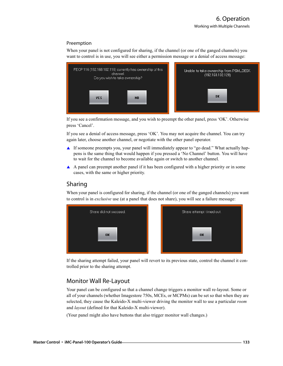 Preemption, Sharing, Monitor wall re-layout | Sharing monitor wall re-layout, Operation | Grass Valley iMC-Panel-100 v.7.0.9.0 User Manual | Page 145 / 174