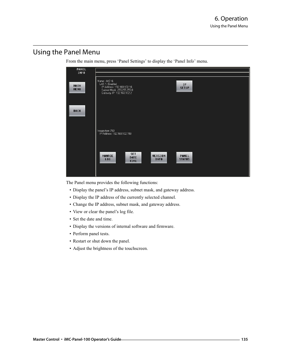 Using the panel menu, Operation | Grass Valley iMC-Panel-100 v.7.0.9.0 User Manual | Page 147 / 174