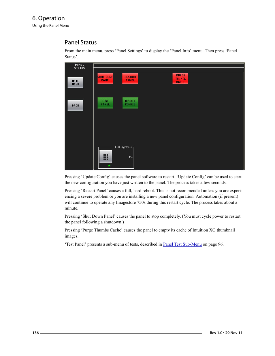 Panel status, Operation | Grass Valley iMC-Panel-100 v.7.0.9.0 User Manual | Page 148 / 174
