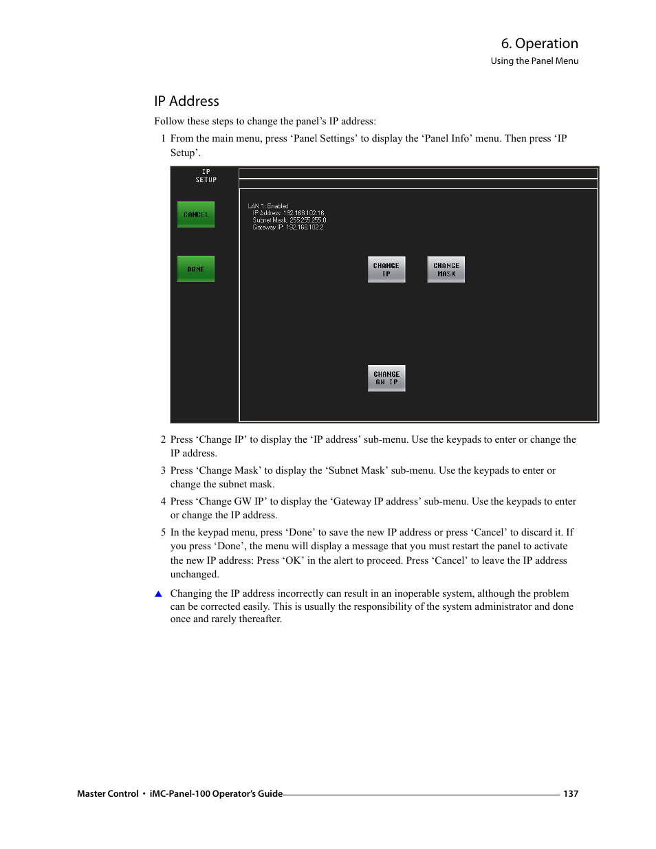 Ip address, Operation | Grass Valley iMC-Panel-100 v.7.0.9.0 User Manual | Page 149 / 174