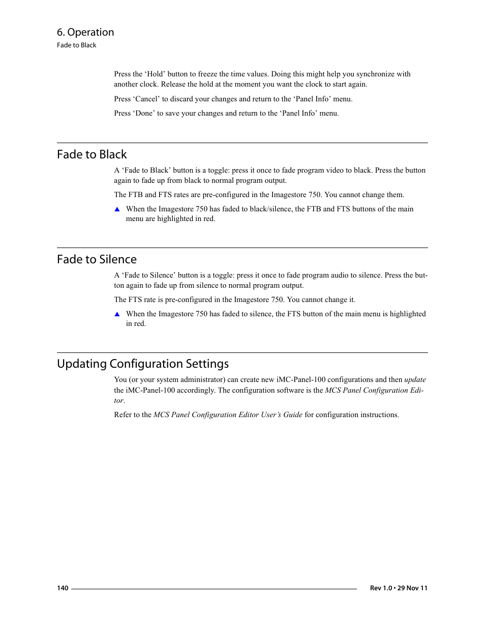 Fade to black, Fade to silence, Updating configuration settings | Operation | Grass Valley iMC-Panel-100 v.7.0.9.0 User Manual | Page 152 / 174