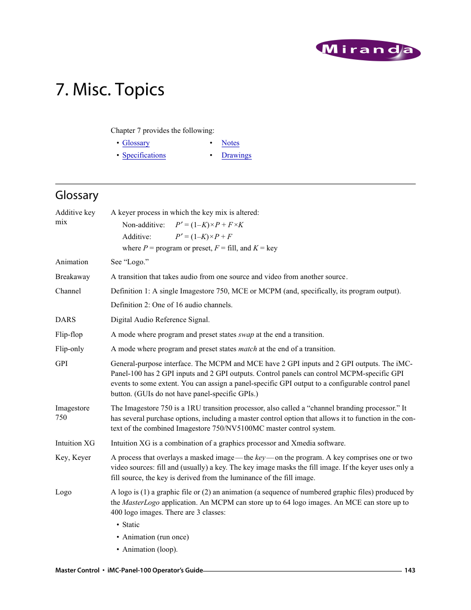 Misc. topics, Glossary, Chapter 7 | Grass Valley iMC-Panel-100 v.7.0.9.0 User Manual | Page 155 / 174