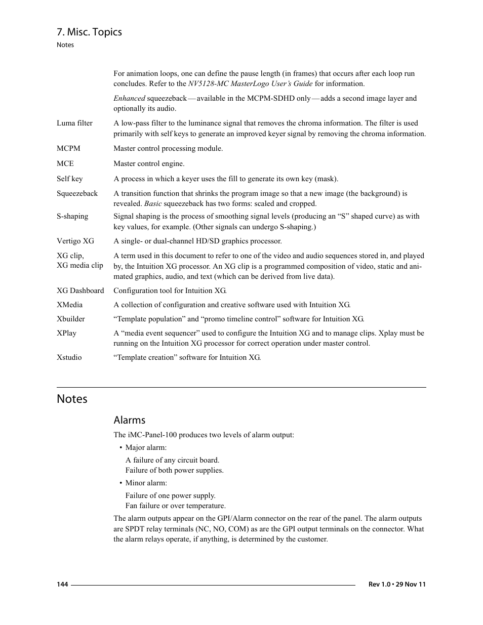 Notes, Alarms, Misc. topics | Grass Valley iMC-Panel-100 v.7.0.9.0 User Manual | Page 156 / 174