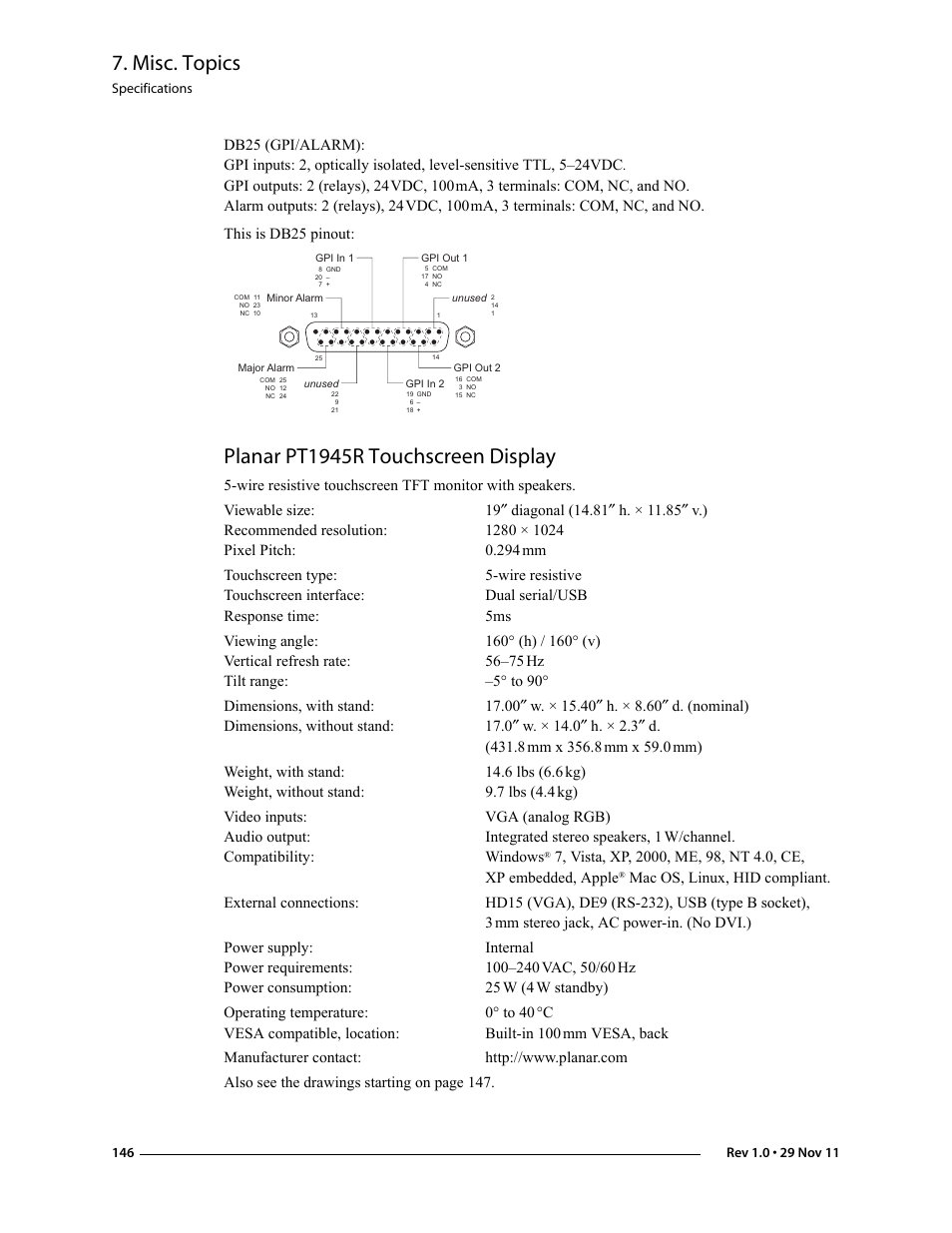 Planar pt1945r touchscreen display, Misc. topics | Grass Valley iMC-Panel-100 v.7.0.9.0 User Manual | Page 158 / 174
