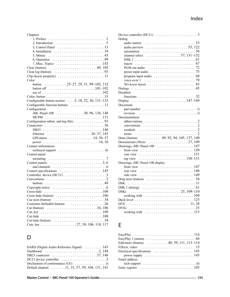 Index | Grass Valley iMC-Panel-100 v.7.0.9.0 User Manual | Page 167 / 174