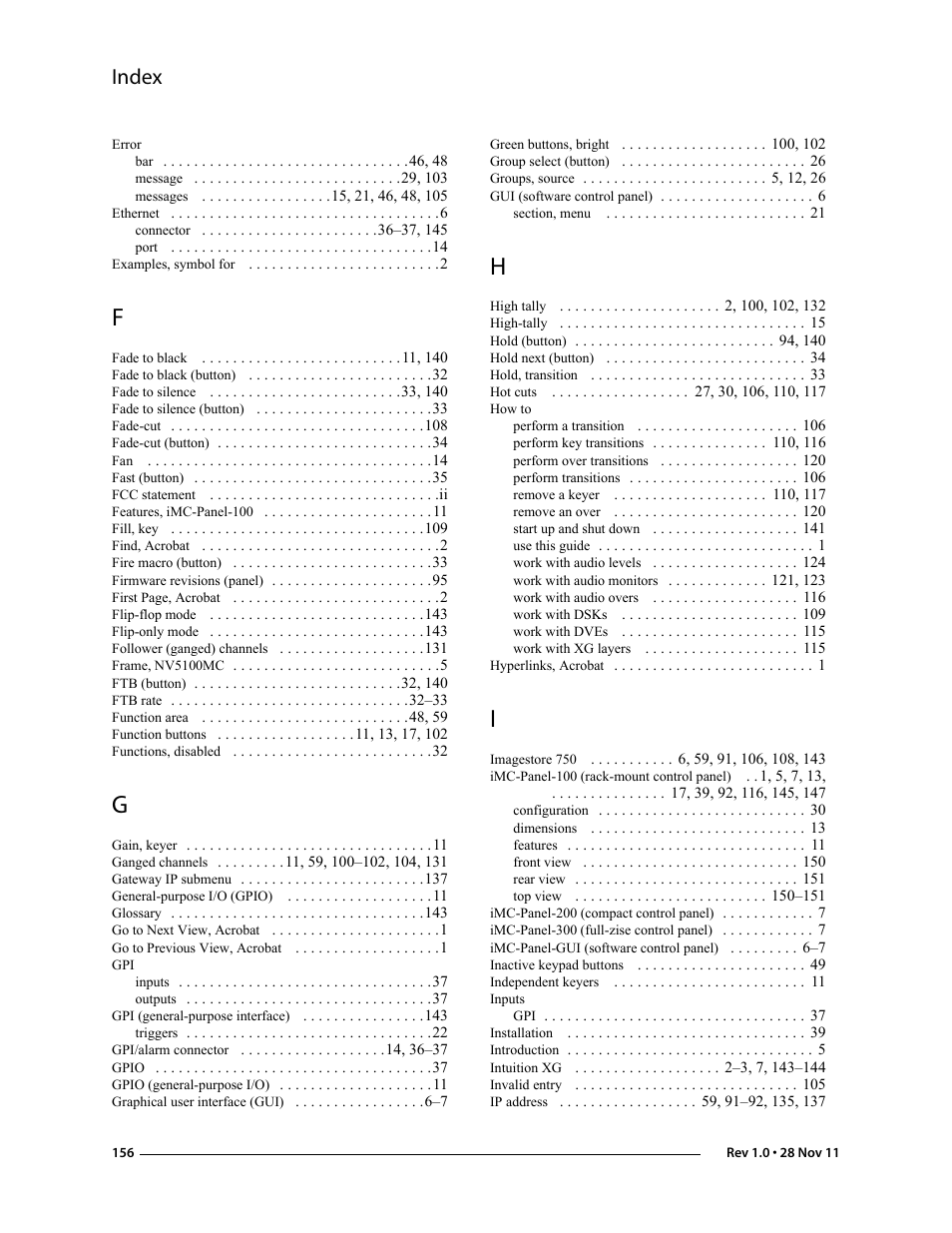 Index | Grass Valley iMC-Panel-100 v.7.0.9.0 User Manual | Page 168 / 174