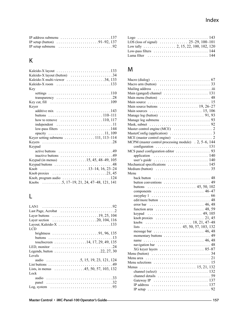 Index | Grass Valley iMC-Panel-100 v.7.0.9.0 User Manual | Page 169 / 174