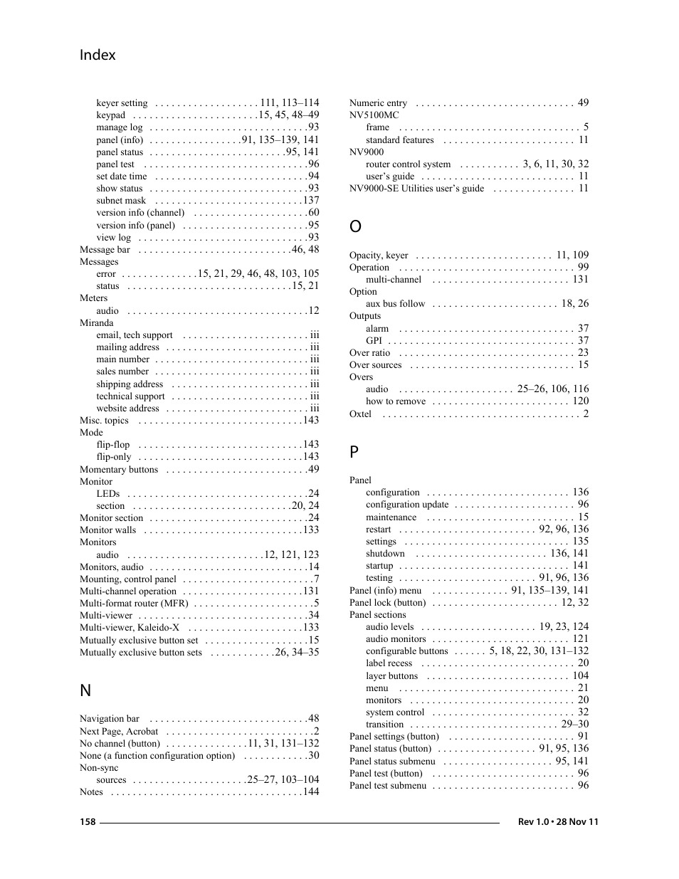 Index | Grass Valley iMC-Panel-100 v.7.0.9.0 User Manual | Page 170 / 174