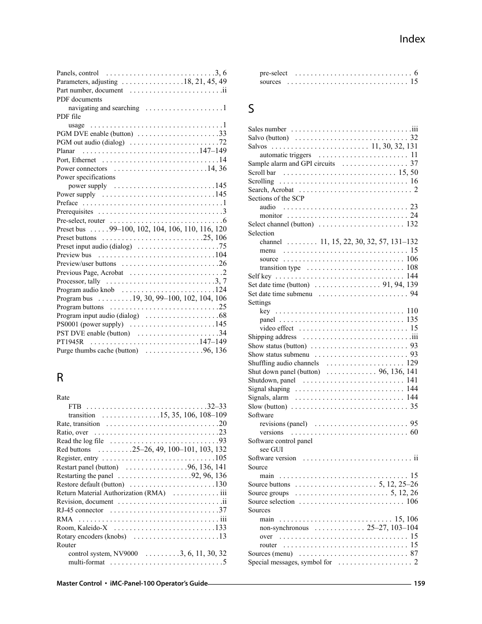 Index | Grass Valley iMC-Panel-100 v.7.0.9.0 User Manual | Page 171 / 174
