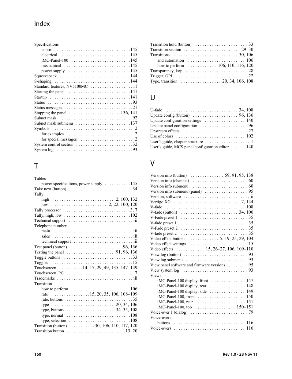 Index | Grass Valley iMC-Panel-100 v.7.0.9.0 User Manual | Page 172 / 174