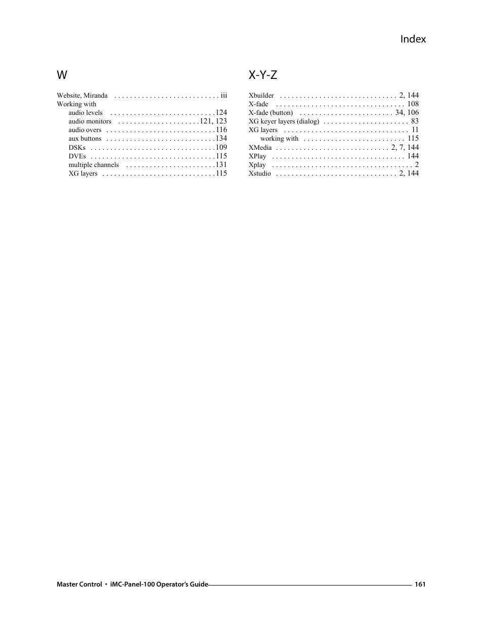 X-y-z, Index | Grass Valley iMC-Panel-100 v.7.0.9.0 User Manual | Page 173 / 174