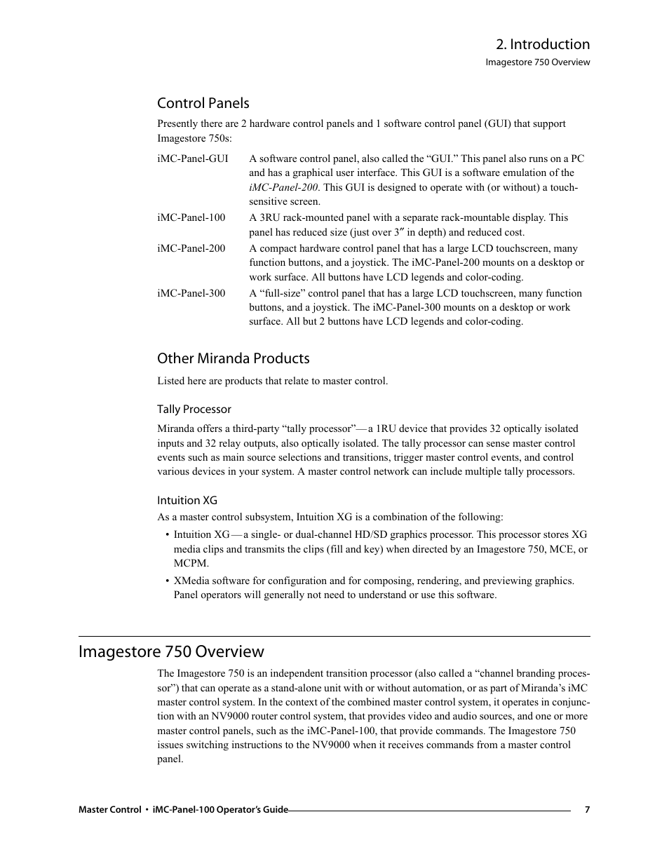 Control panels, Other miranda products, Tally processor | Intuition xg, Imagestore 750 overview, Control panels other miranda products, Tally processor intuition xg, Introduction | Grass Valley iMC-Panel-100 v.7.0.9.0 User Manual | Page 19 / 174