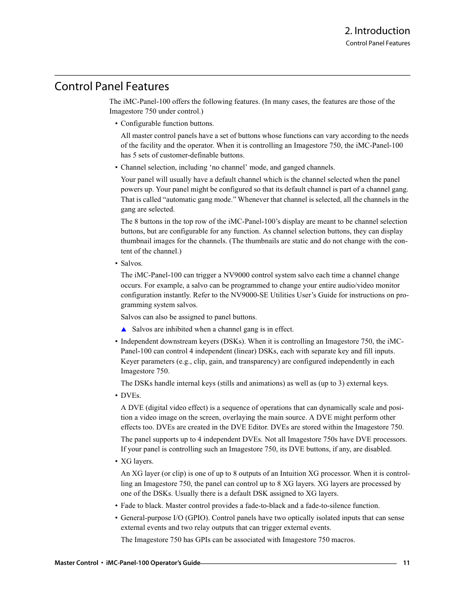Control panel features, Introduction | Grass Valley iMC-Panel-100 v.7.0.9.0 User Manual | Page 23 / 174