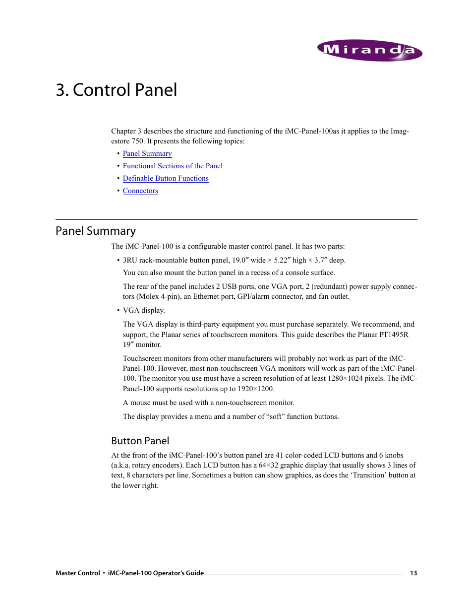 Control panel, Panel summary, Button panel | Chapter 3, Discusses | Grass Valley iMC-Panel-100 v.7.0.9.0 User Manual | Page 25 / 174
