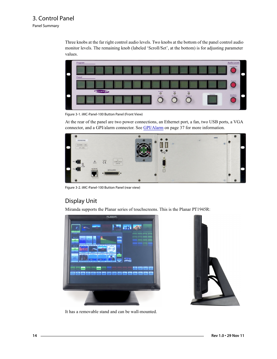 Display unit, Control panel | Grass Valley iMC-Panel-100 v.7.0.9.0 User Manual | Page 26 / 174