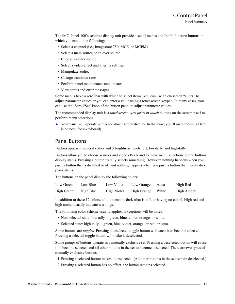 Panel buttons, Control panel | Grass Valley iMC-Panel-100 v.7.0.9.0 User Manual | Page 27 / 174
