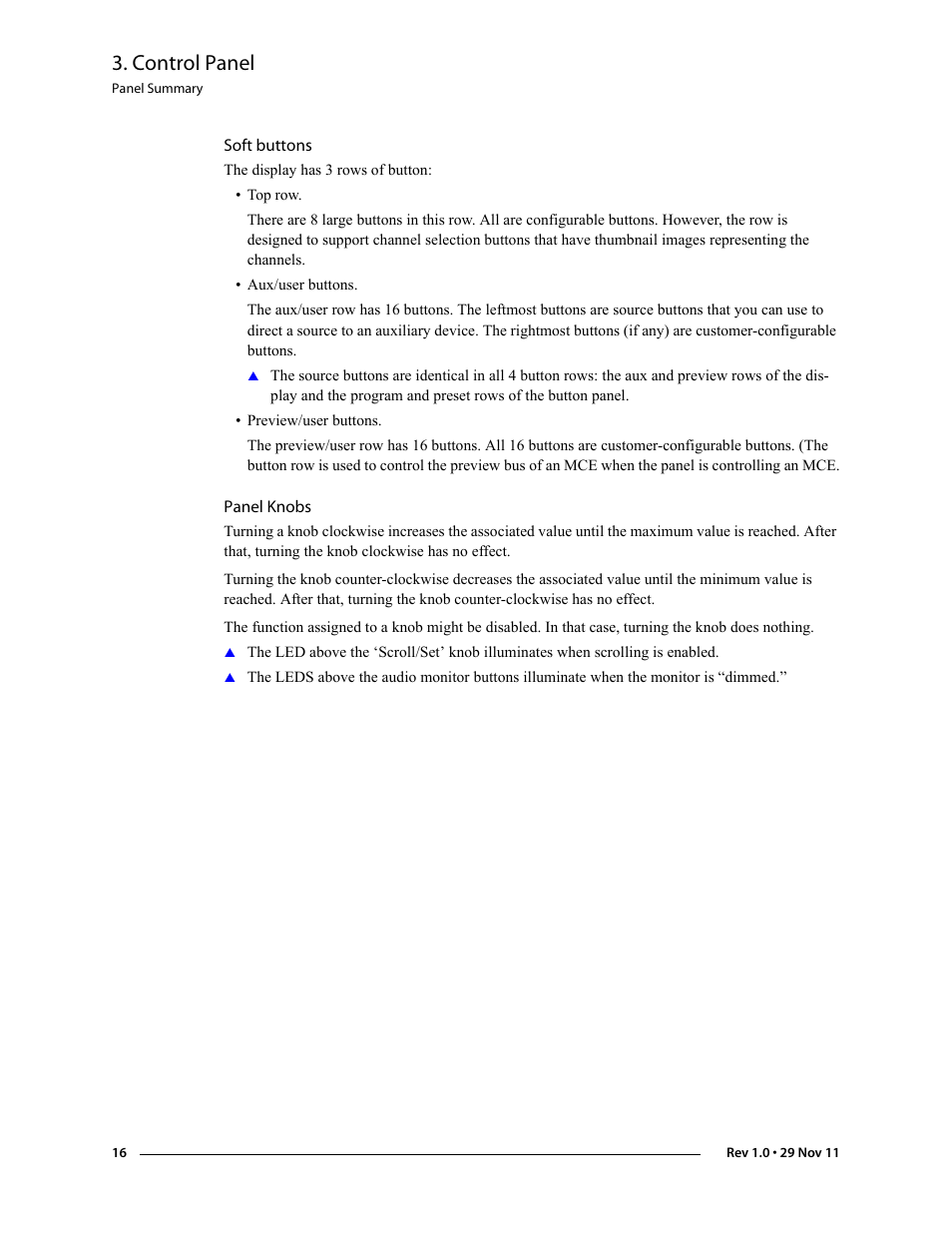 Soft buttons, Panel knobs, Soft buttons panel knobs | Control panel | Grass Valley iMC-Panel-100 v.7.0.9.0 User Manual | Page 28 / 174