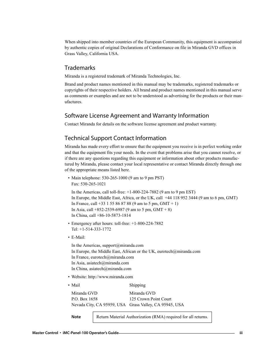 Trademarks, Technical support contact information | Grass Valley iMC-Panel-100 v.7.0.9.0 User Manual | Page 3 / 174