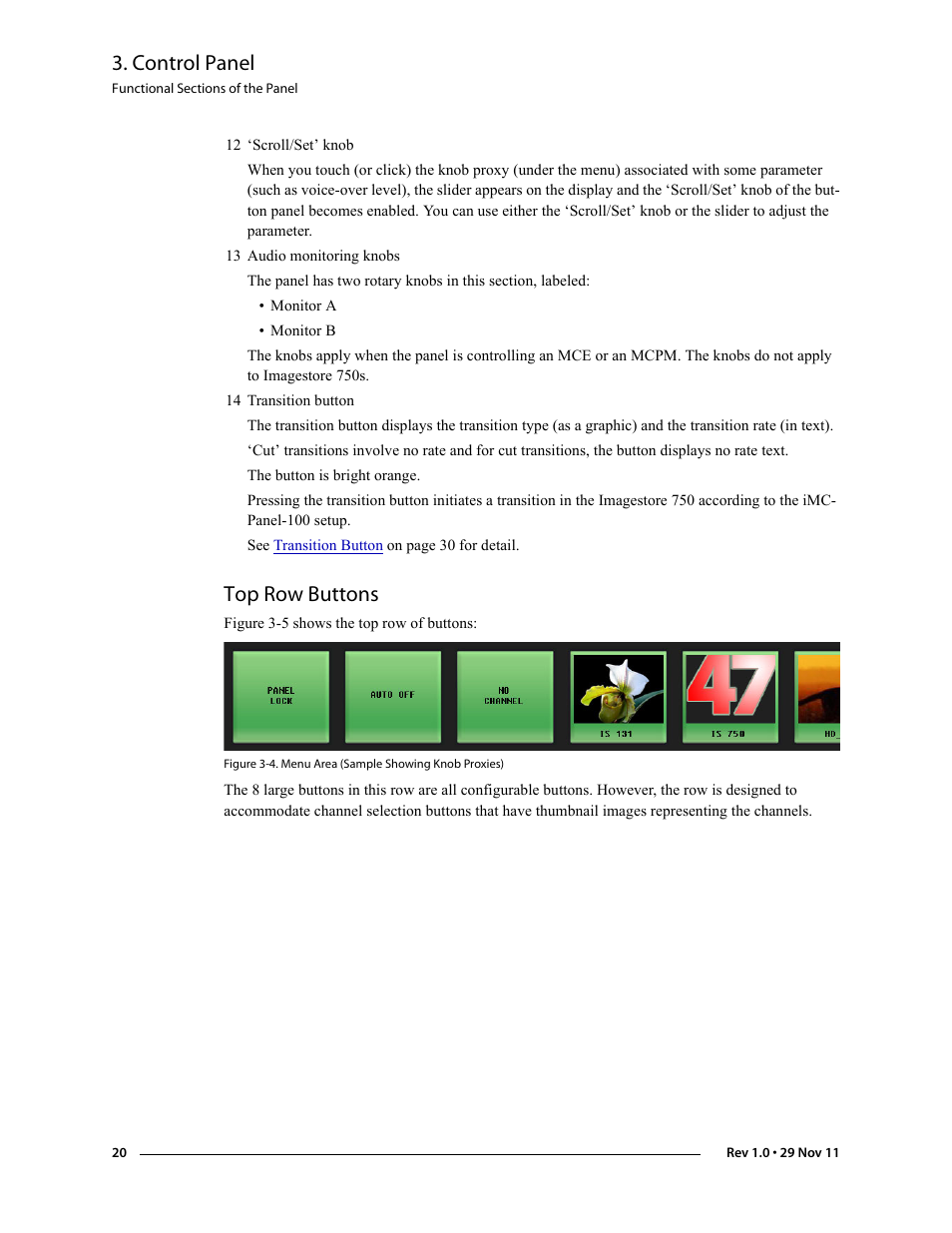 Top row buttons, Scroll/set’ knob, Audio monitoring knobs | Transition button, Control panel | Grass Valley iMC-Panel-100 v.7.0.9.0 User Manual | Page 32 / 174